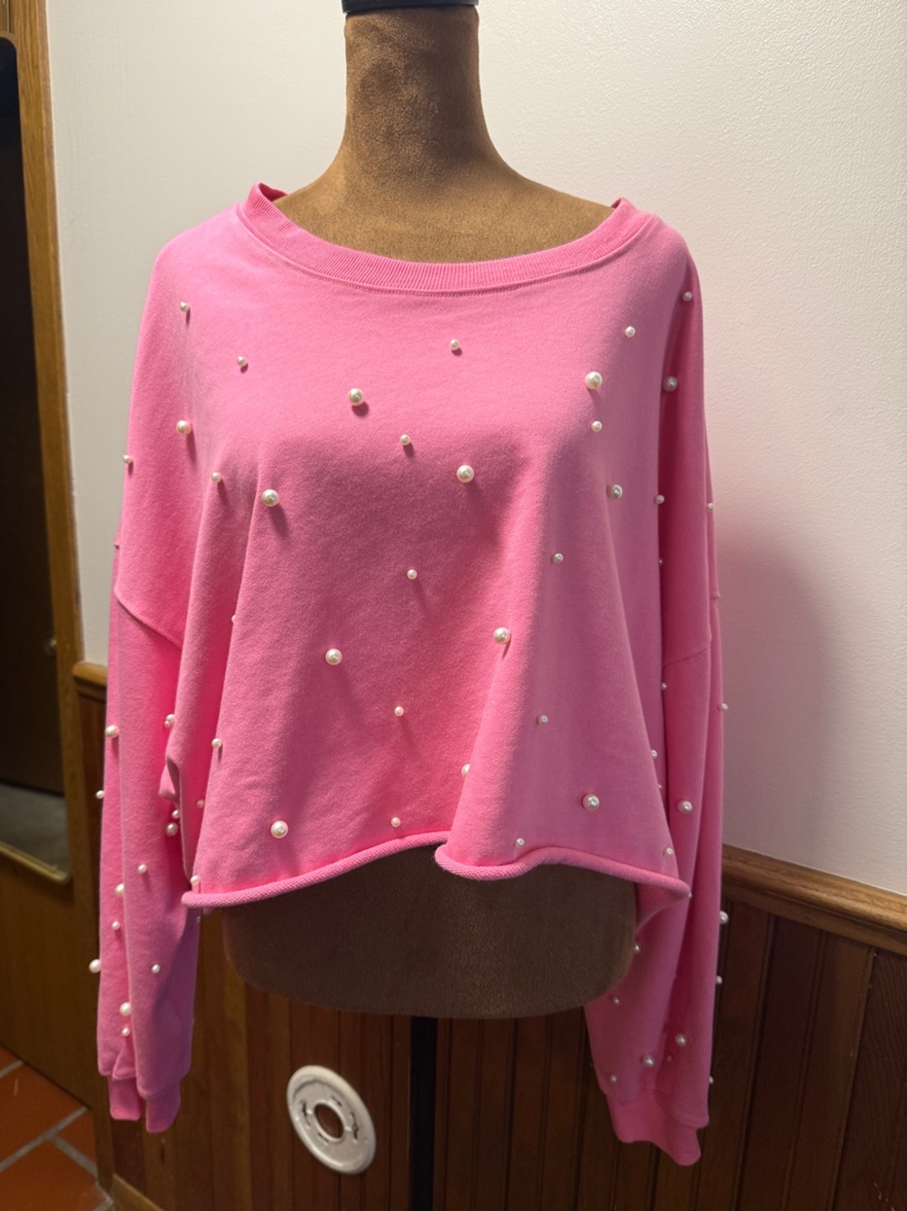 Pearl-Accent Cropped Pink Sweatshirt - Women- oversized